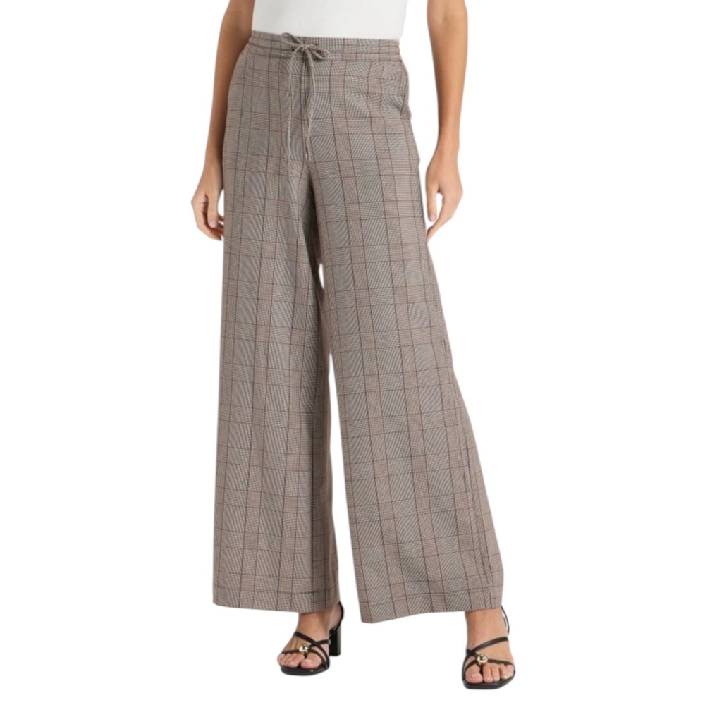A New Day Preppy Plaid Wide Leg Pull-On Trousers Brown Workwear Womens Size XL